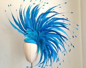 Turquoise Blue Couture feathered fascinator for Kentucky derby, weddings, Tea parties, Show stopper, Derby hat, blue derby Fascinator