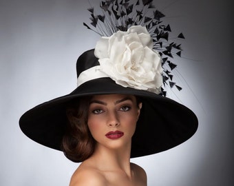Sombrero derby Kentucky blanco y negro, sombrero de alta costura, sombrero Derby, sombrero Lampshade, sombreros Del Mar.