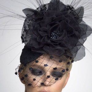 Black Couture Fascinator, Cocktail hat, Derby Hat, Headpiece, Couture Hat image 2