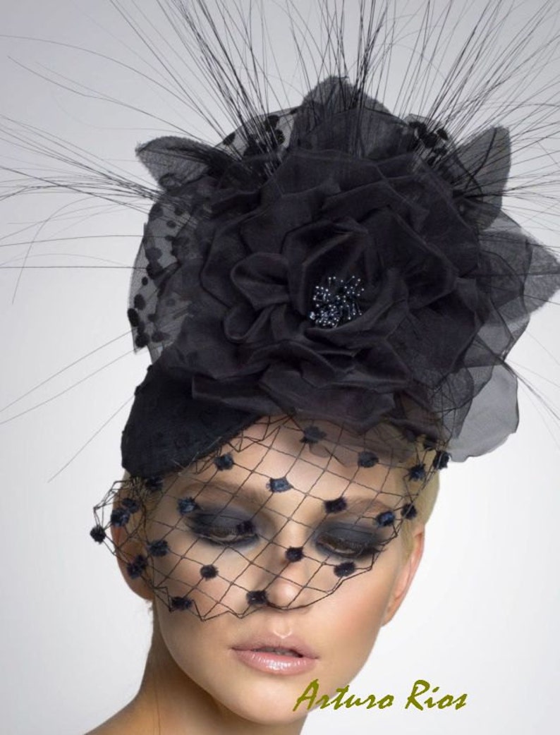 Black Couture Fascinator, Cocktail hat, Derby Hat, Headpiece, Couture Hat image 2