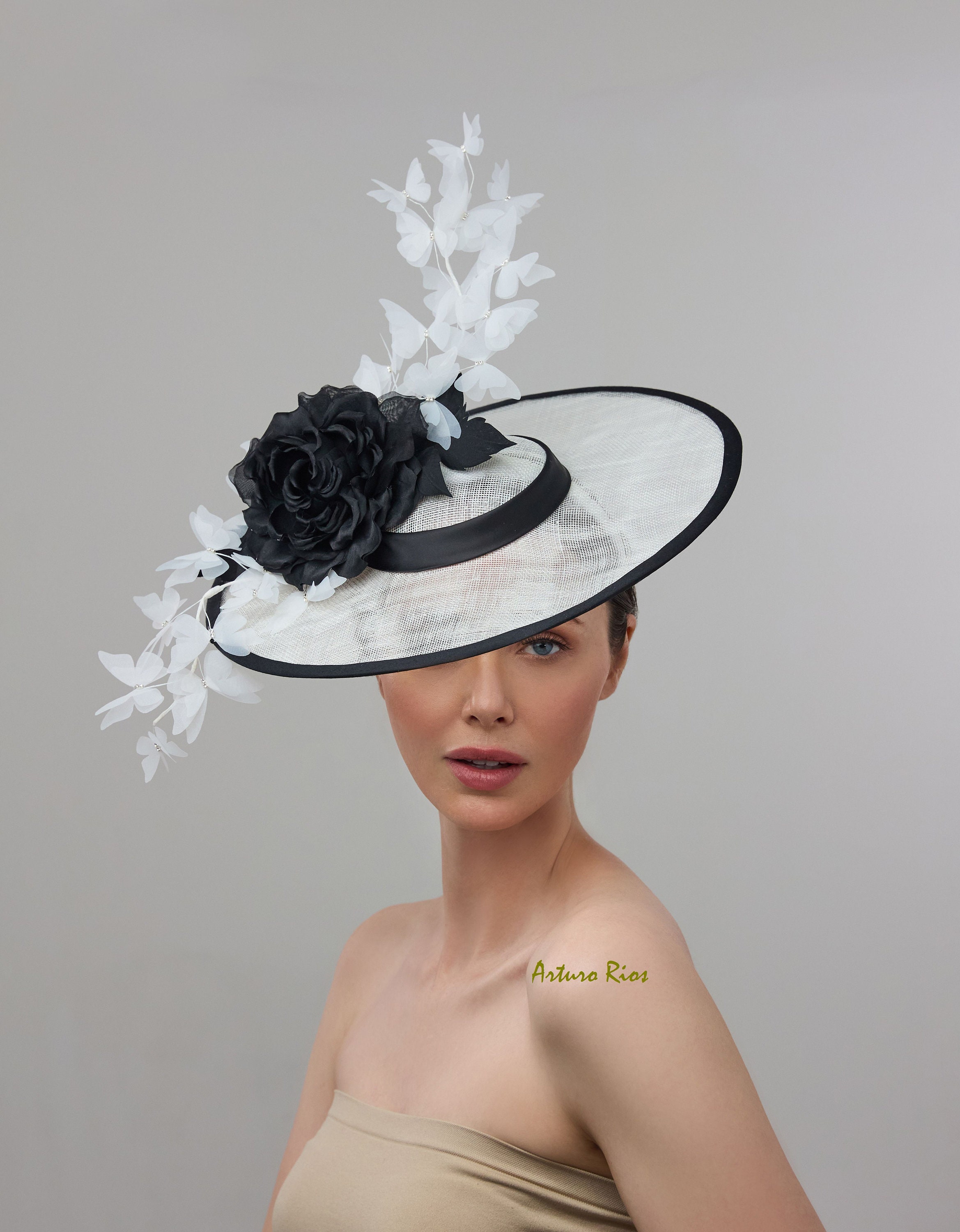 Black and White Derby Hat, White Butterfly Kentucky Derby 