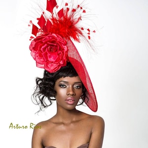 Red kentucky derby hat, Red derby fascinator, Disk sinamay hat, melbourne cup hats image 1