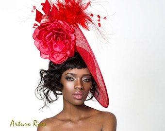 Red kentucky derby hat, Red derby fascinator, Disk sinamay hat, melbourne cup hats
