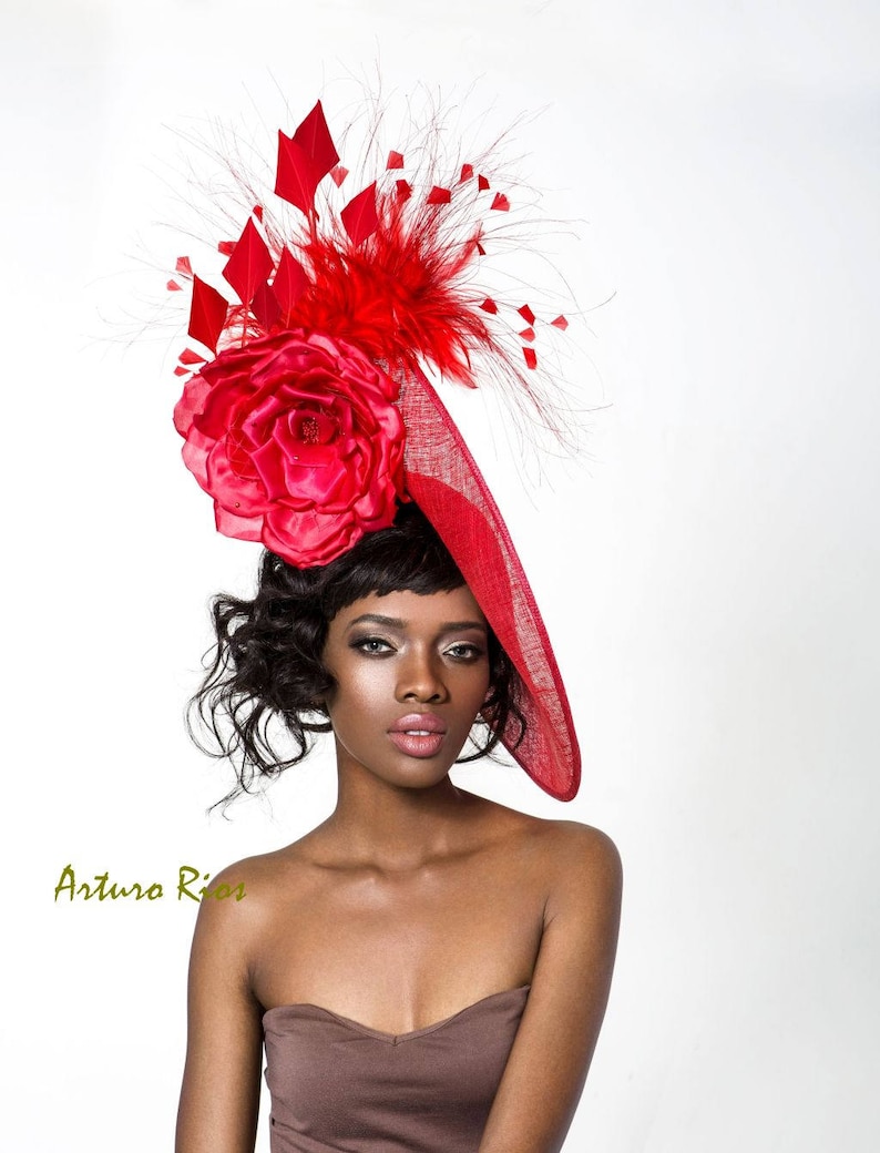 Red kentucky derby hat, Red derby fascinator, Disk sinamay hat, melbourne cup hats image 1