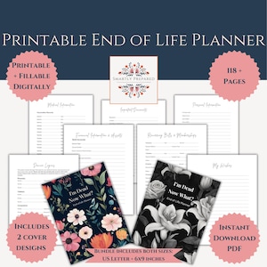 Op de afbeelding: Printbare eind-van-het-leven-planner met meer dan 118 pagina's. De planner bevat secties voor medische informatie, financiële informatie, belangrijke documenten, terugkerende rekeningen en lidmaatschappen, persoonlijke informatie en wensen. De omslag heeft een bloemmotief met de tekst "Ik ben dood, wat nu? Eind-van-het-leven-planner".