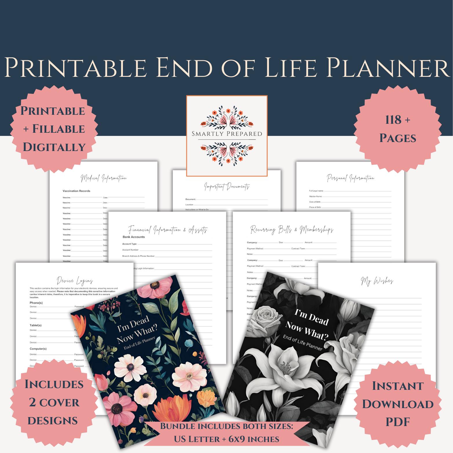 End of Life Planner Fillable Printable, I'm Dead Now What? death planner. Emergency Just in Case Binder. Medical Binder, Life Planner