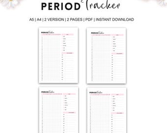 Op de afbeelding: Vier witte, bedrukbare periodetrackers met roze accenten. De tekst "PERIOD Tracker" staat bovenaan elke pagina. De pagina's zijn ontworpen voor het bijhouden van menstruatiecycli. De afbeelding bevat ook de tekst "A5 | A4 | 2 VERSION | 2 PAGES | PDF | INSTANT DOWNLOAD".