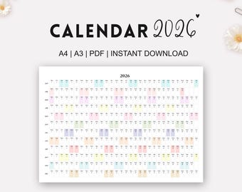 2026 Calendar Printable, Minimalist Calendar, PDF, Instant Download, Year at a Glance