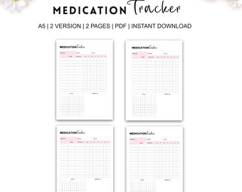 May include: A Medication Tracker printable with a pink header and grid layout. The text "MEDICATION Tracker" is at the top of each page. The document is labeled "A5 | 2 VERSION | 2 PAGES | PDF | INSTANT DOWNLOAD".