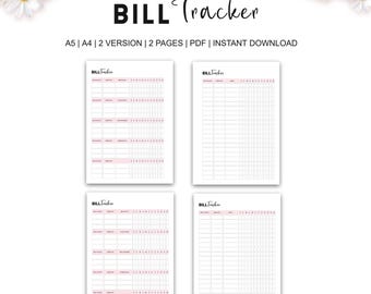 Może przedstawiać: Cztery drukowane szablony śledzenia rachunków w układzie siatki, z różowymi akcentami. Tytuł "BILL Tracker" znajduje się na górze, a pod nim tekst "A5 | A4 | 2 VERSION | 2 PAGES | PDF | INSTANT DOWNLOAD". Szablony są przeznaczone do organizacji finansowej.