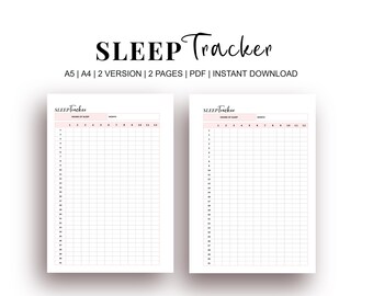 May include: Two printable sleep trackers with a pink header that says "SLEEP Tracker". The trackers are white with a grid for tracking hours of sleep and the month. The text "A5 | A4 | 2 VERSION | 2 PAGES | PDF | INSTANT DOWNLOAD" is above the trackers.