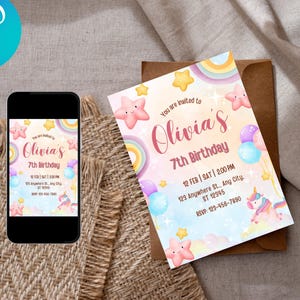 EDITABLE Unicorn Birthday Invitation Pastel Rainbow Party Invite Sparkle Invitation Download Printable Template Girls Invitation