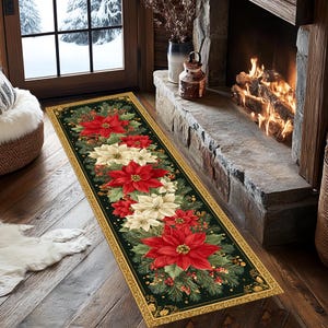 Christmas Poinsettia Runner Rug, 3D Digital Print, Cotton Woven