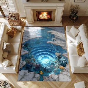 May include: A rectangular rug with a 3D ocean design. The rug depicts a vibrant blue ocean scene with coral, fish, and a spiraling underwater effect. The edges are bordered by a marble-like pattern.