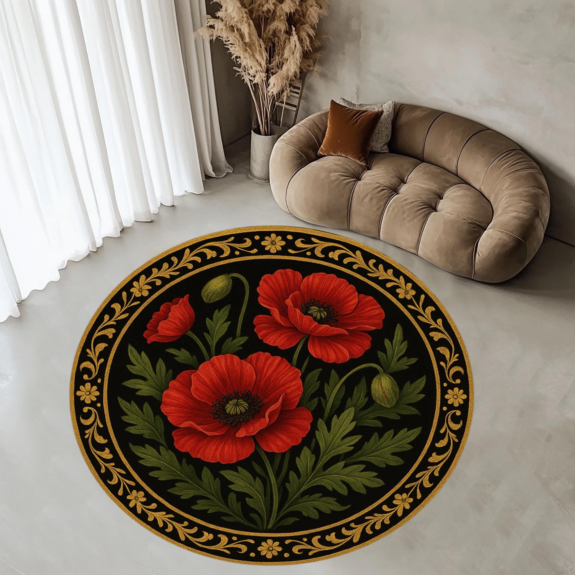 Roter Mohnblumen runder Teppich - Rutschfeste Baumwollbasis