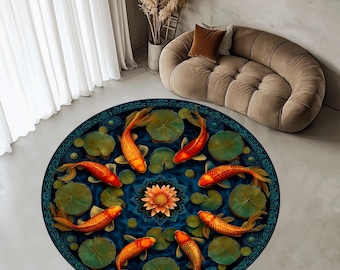3D Koi Fish Pond Round Rug, Japanese Optical Illusion Lake Rug