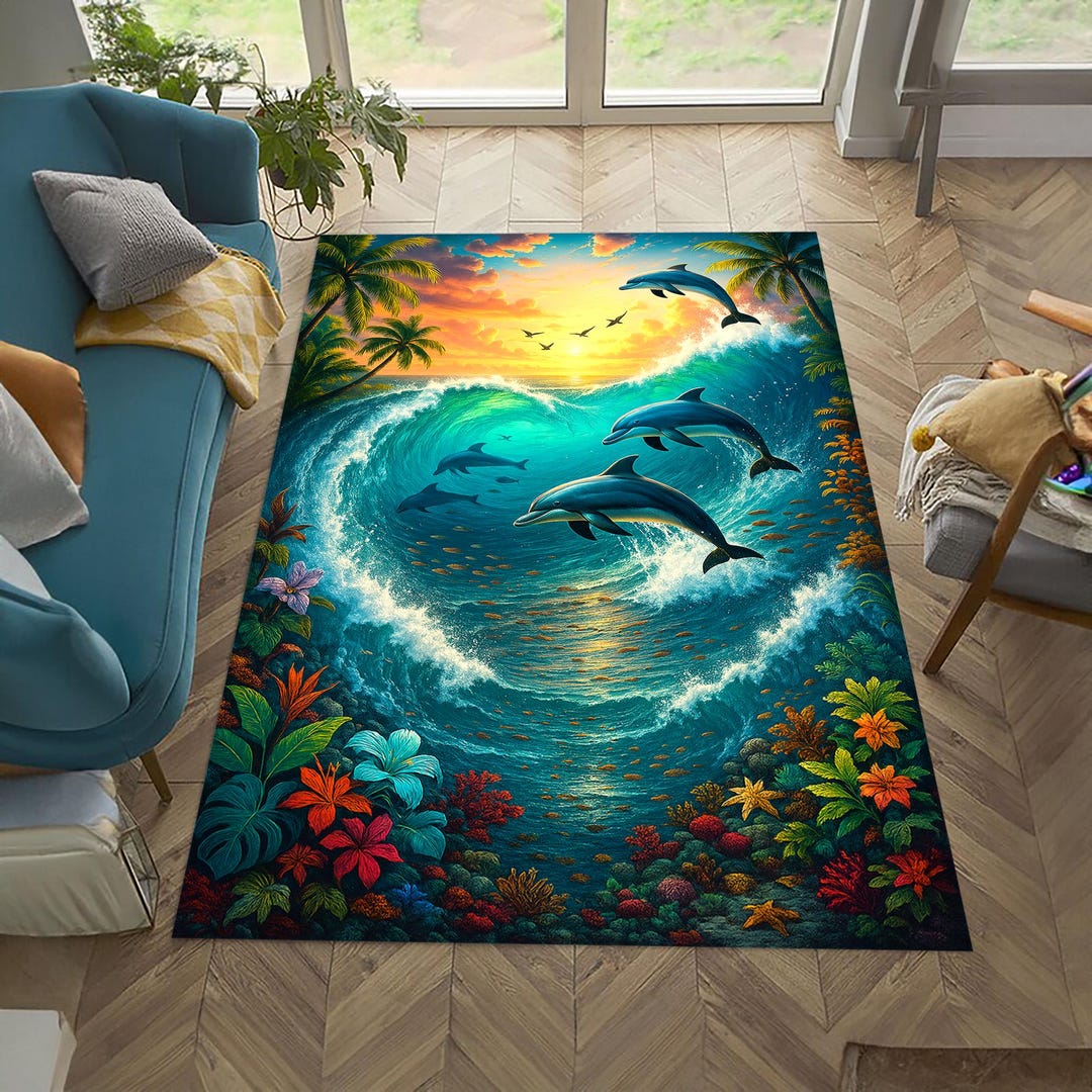 Dolphin Area Rug: Summer Ocean Wave, Floral Pattern - Etsy