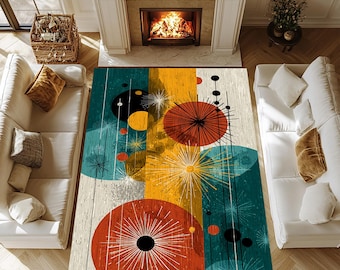 Colorful Mid-Century Modern Rug, Geometric Pattern