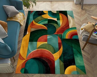 Colorful Mid-Century Modern Rug, Geometric Pattern