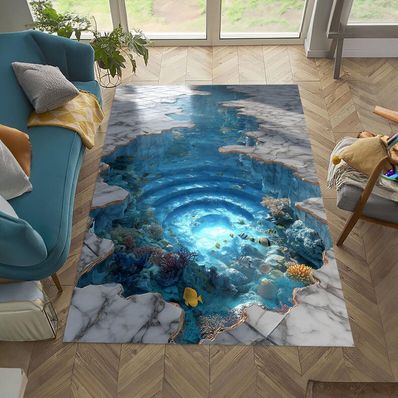 May include: A rectangular area rug with a 3D underwater scene design. The rug features a blue and white color scheme with a marble-like border. The design includes coral, fish, and a deep blue abyss.