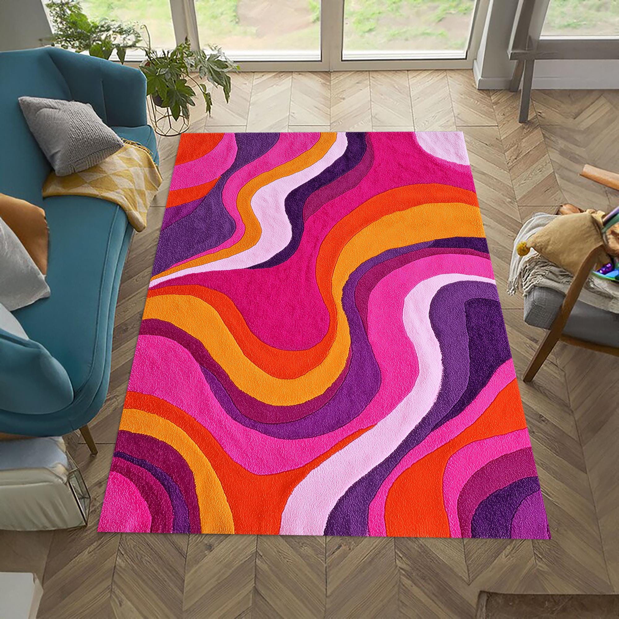 Retro Wavy Rug: Colorful Mid Century Modern Style - Etsy
