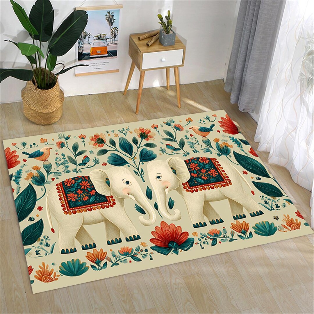 Floral Elephant Rug: 3D Print, Non-slip Cotton Base - Etsy