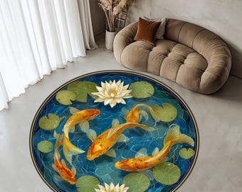 3D Koi Fish Pond Round Rug, Japanese Optical Illusion Lake Rug