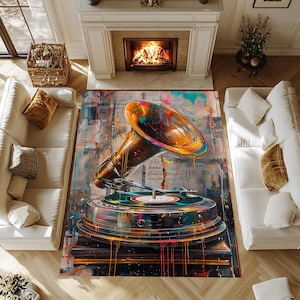 May include: A vintage-style record player with a gold-colored horn and a black turntable. The record player is painted with colorful splashes of paint and is set against a background of musical notes.