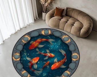 3D Koi Fish Pond Round Rug, Japanese Optical Illusion Lake Rug