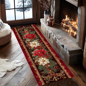 Christmas Poinsettia Runner Rug, 3D Digital Print, Cotton Woven