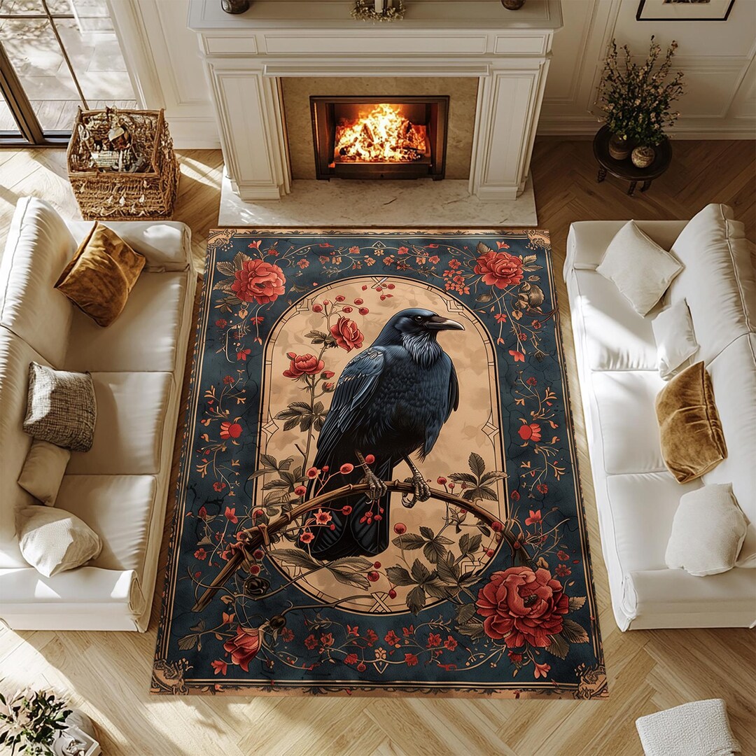 Crow Rug: Traditional Turkish Frame Style, Floral Animal Carpet - Etsy