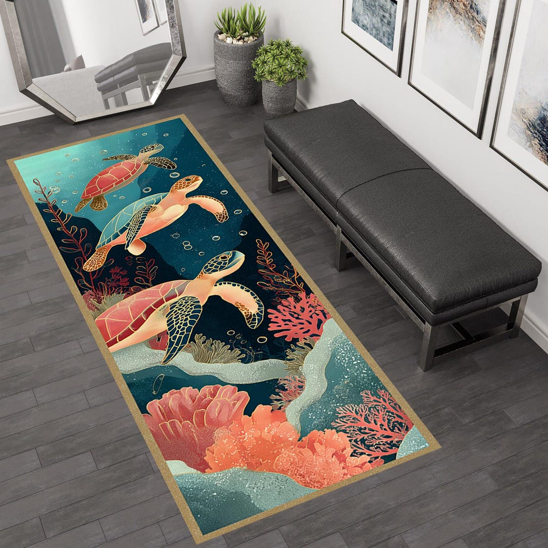 Aquatic Rug Sea Turtle Runner Rug, Underwater Ocean Scene, Cotton Woven Base - Etsy