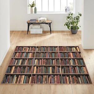 May include: A brown wooden bookcase rug with a realistic image of books on the shelves. The rug features a variety of book spines in different colors and sizes.