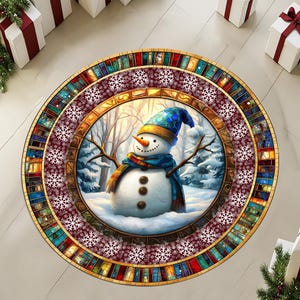 Snowman Round Rug, Snowman Pattern Round Rug, Christmas Round Rug, Snowflakes Round Rug, Christmas Area Round Rug, Christmas Decoration Rug