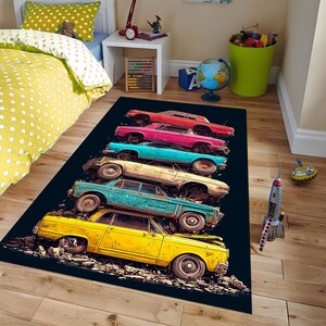 May include: A rectangular rug featuring a stack of vintage cars in various colors: red, pink, turquoise, beige, blue, and yellow. The cars are set against a dark background, creating a bold and eye-catching design. This rug is suitable for a child's bedroom or playroom.