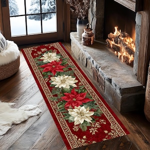 Poinsettia Christmas Runner Rug, Non-Slip Cotton Base