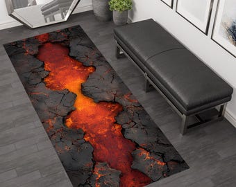 Lava Pattern Runner Rug, Volcanic Magma Carpet, Fire Rug