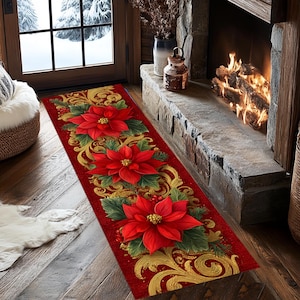 Christmas Poinsettia Runner Rug, 3D Digital Print, Cotton Woven