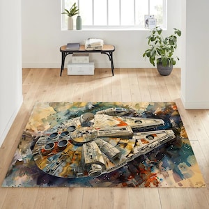 Könnte beinhalten: Ein Aquarell-Teppich mit einer detaillierten Illustration des Raumschiffs Millennium Falcon vor einem Hintergrund aus Weltraum mit Sternen und Nebeln.