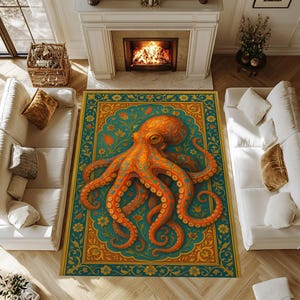 Floral Octopus Rug, Octopus Carpet, Octopus Rug, Octopus Pattern Carpet, Octopus Pattern Rug, Octopus Area Rug, Animal Decor Rug