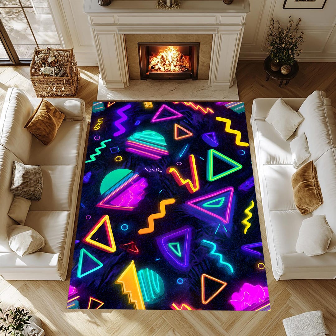 Neon Geometric Arcade Rug: 80s Retro Game Room Decor - Etsy
