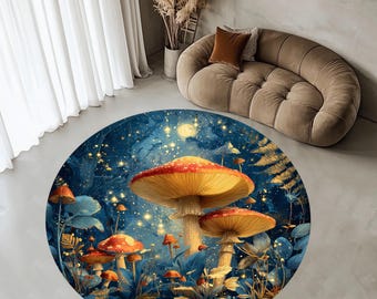 Mushroom Pattern Round Rug: 3D Print Cotton Base