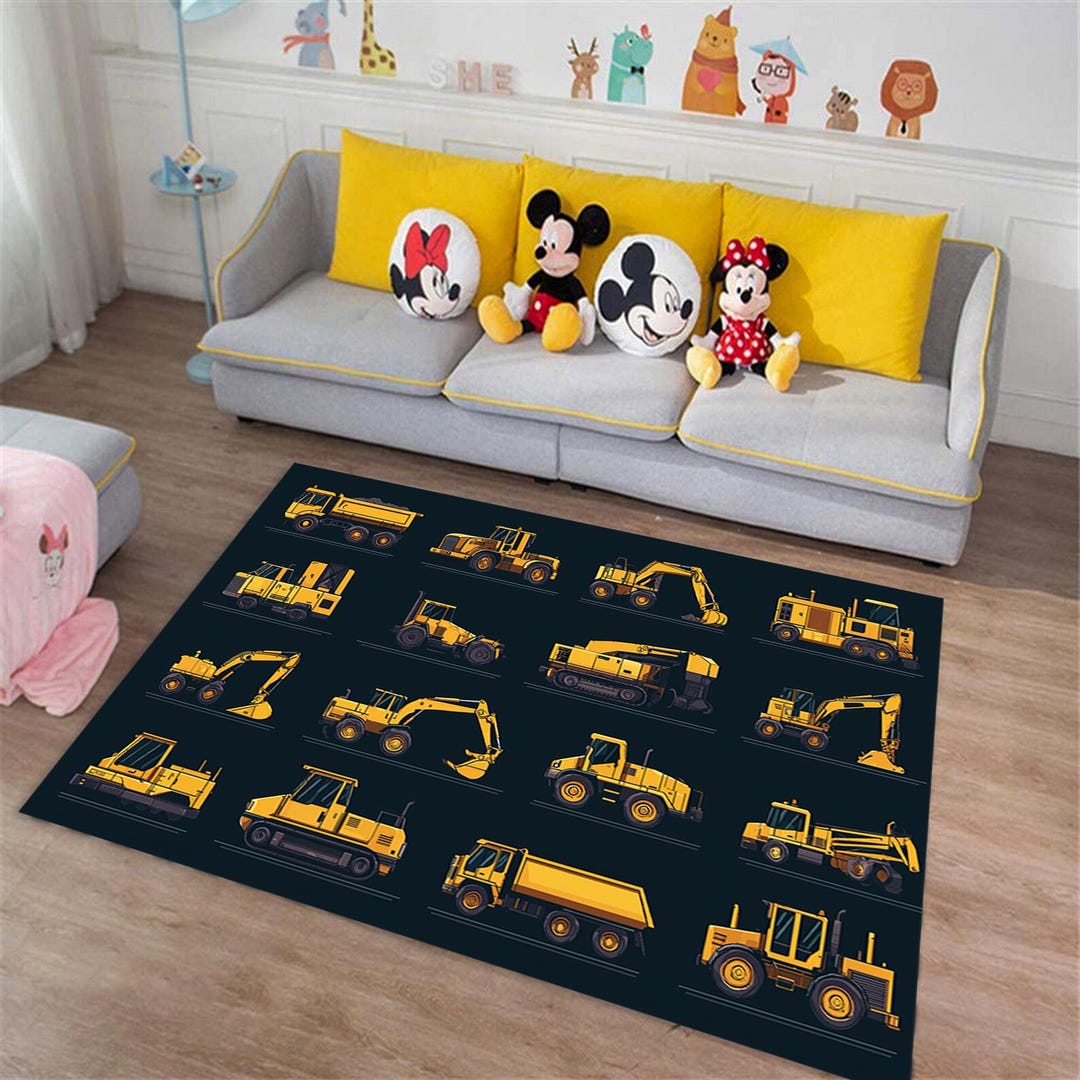 Construction Equipment Rug, Construction Vehicles Rug, Yellow Digger ...