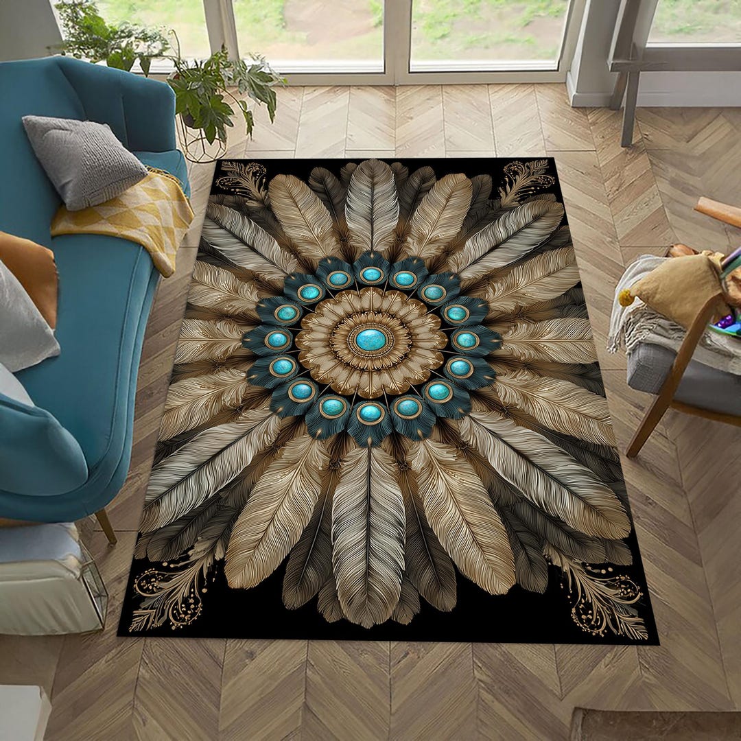 Native American Inspired Rug, Boho Tribal Rug, Feather Pattern Rug ...