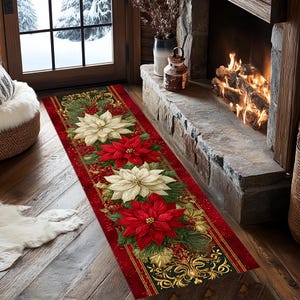 Christmas Poinsettia Runner Rug, 3D Digital Print, Cotton Woven