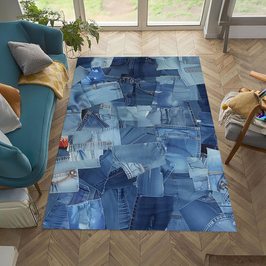 Collage Rug Denim Collage Area Rug: 3D Print, Non-slip Cotton Base - Etsy