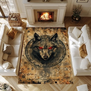 Wolf Carpet, Wolf Rug, Wolf Pattern Carpet, Wolf Pattern Rug, Animal Decor Rug, Demonic Carpet, Demonic Rug, Runic Letters Pattern Rug