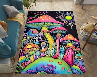 Colorful Mushroom Pattern Rug: Psychedelic Velvet Carpet