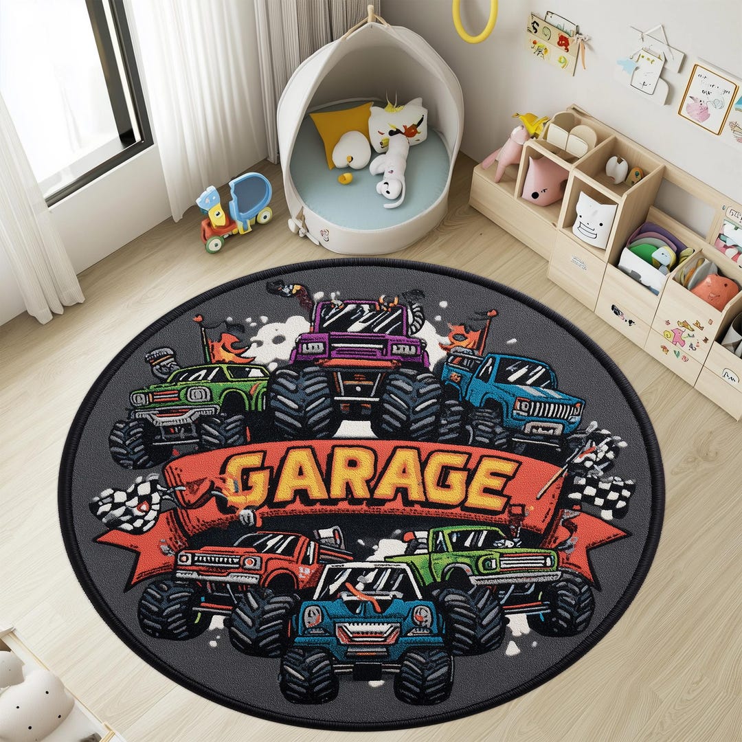 Monster Jam Rug Round Monster Truck Garage Rug, Racing Car Decor, 3D Printed Polyester ...