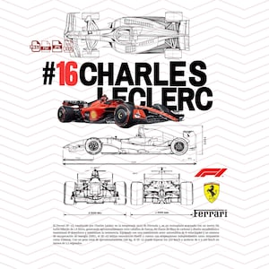 Pode incluir: Um diagrama esquemático de um carro de corrida Ferrari SF-23 de Fórmula 1 vermelho e preto, com o texto "#16 CHARLES LECLERC". A imagem inclui múltiplas vistas do carro, juntamente com o logotipo da Ferrari e texto.